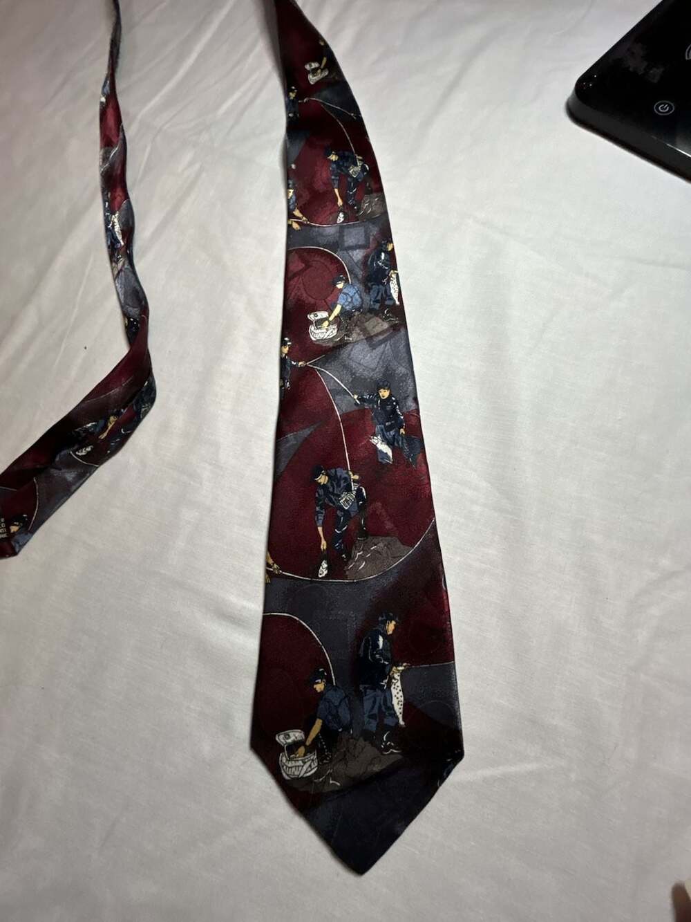American Sports Vintage Fishing Themed Necktie Maroon Grey